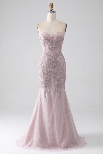 Vestido de fiesta de corsé de sirena sin tirantes brillante con apliques